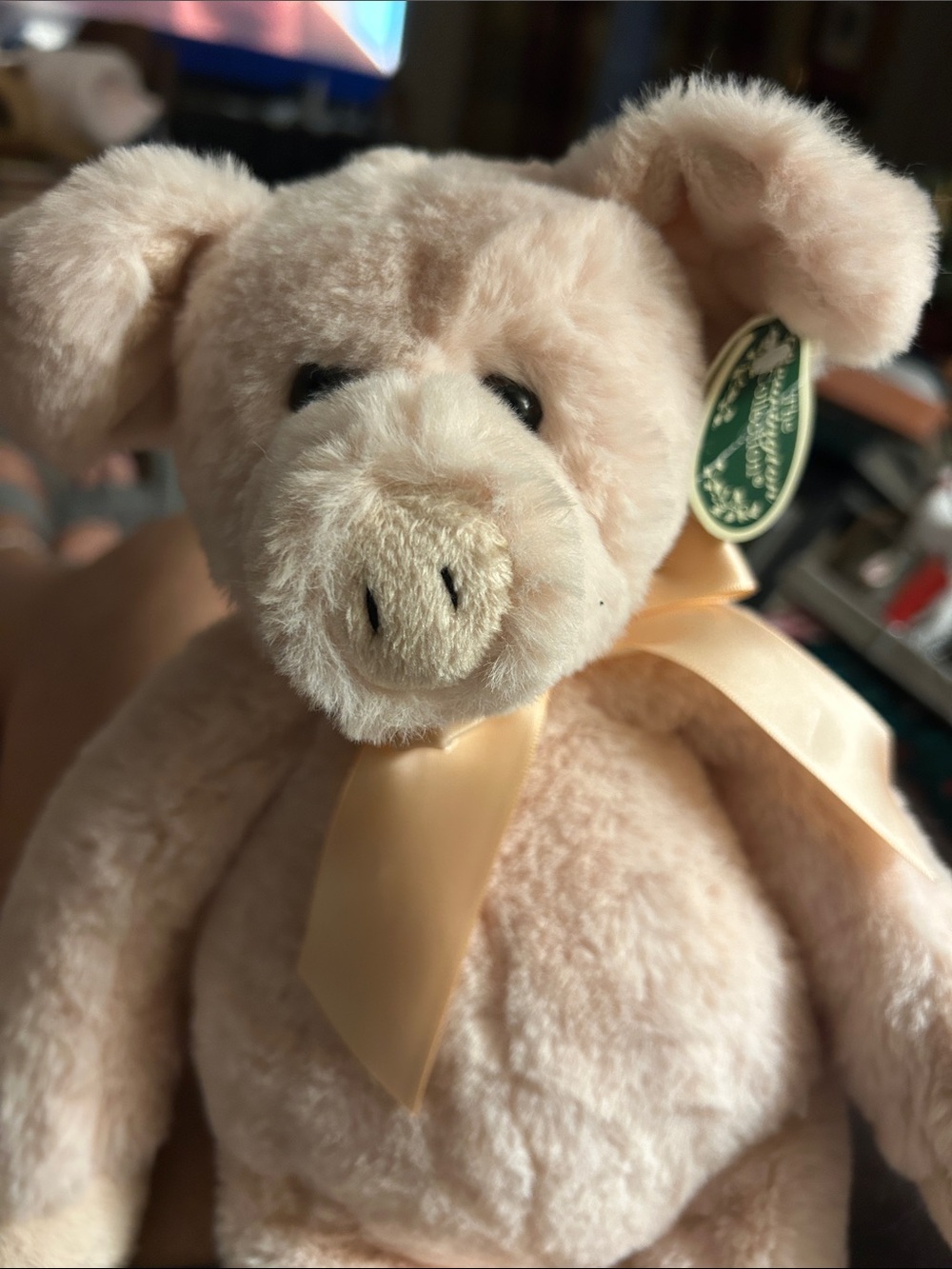 The Pink Pig of The Bearington Collection Plush Pink Pig with a Pink Satin Bow